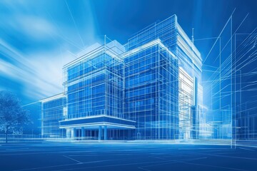 This visual depicts a detailed architectural blueprint of a sleek, modern building in a city environment. The design features a glass facade and a structured layout, showcasing innovative elements.