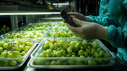 Worker inspecting green grapes on a production line using a smartphone.