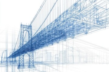 Intricate blueprints illustrate a contemporary bridge structure above a city skyline. The design showcases engineering elements in a clean, technical style that highlights urban architecture.