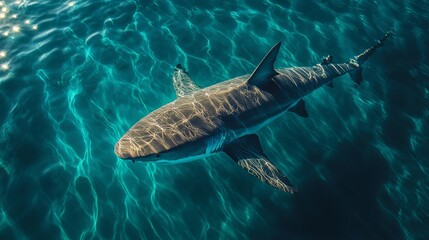Shark swimming in clear blue ocean with sunlit patterns. Marine wildlife concept