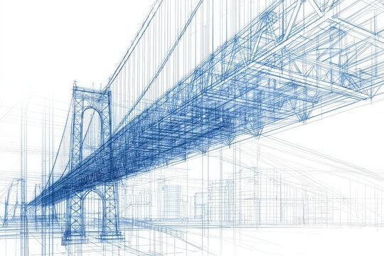Intricate blueprints illustrate a contemporary bridge structure above a city skyline. The design showcases engineering elements in a clean, technical style that highlights urban architecture.