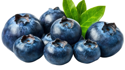 A bunch of blueberries with green leaves on top