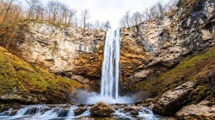 Fototapeta premium Mountain range landscapes idea. Majestic waterfall cascading down rocky cliffs surrounded by lush greenery.