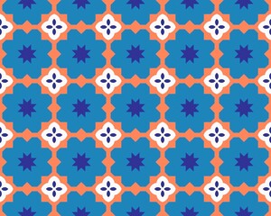 Seamless Geometric Floral Pattern in Blue and Orange