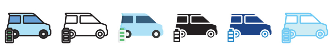 Electric Car multi style, mini illustration icon set. outline, flat, glyph, line color, UI, UX, app and web, digital or print. vector EPS 10 related to EV, electric car, transportation.