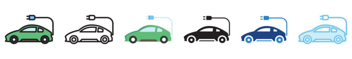 Electric Car multi style, mini illustration icon set. outline, flat, glyph, line color, UI, UX, app and web, digital or print. vector EPS 10 related to EV, electric car, transportation.