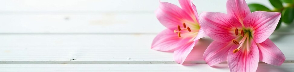 Fototapeta premium Close-up of pink lily flowers with soft petals on white wooden surface, bloom, pastel