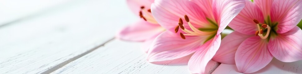 Fototapeta premium Close-up of pink lily flowers with soft petals on white wooden surface, floral, nature, elegant