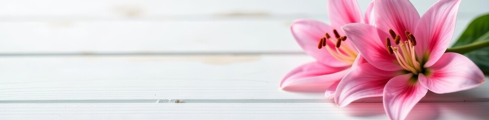 Fototapeta premium Close-up of pink lily flowers with soft petals on white wooden surface, floral, pastel, bloom