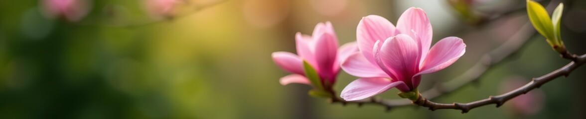 Close up of pink magnolia flower blooming on spring branch in garden, magnolia, pink, branch