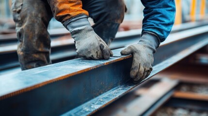 A construction worker uses gloved hands to handle steel beams