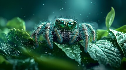 A curious jumping spider peeking curiously from behind a lush green leaf its tiny iridescent eyes reflecting a bright glowing shine in a distinctive photography style with ample copy space