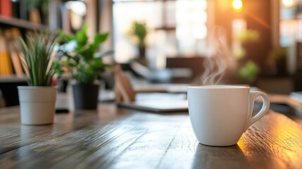 A steaming white mug of drink sits upon a wooden table