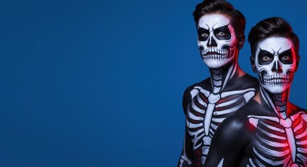 Twin skeleton makeup art on blue background with red accent lighting