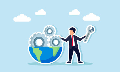 A businessman holds a machine key beside half of a globe with gears, illustration of maintenance and evaluation related to business market targets