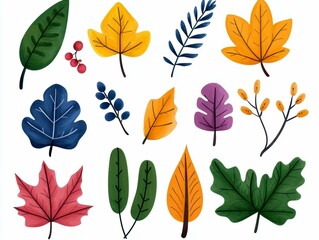 Fototapeta premium A vibrant, hand-drawn illustration featuring a variety of colorful flowers, leaves, and branches in different shapes and sizes.