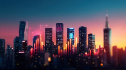 Fototapeta premium Futuristic city skyline at dusk with vibrant colors.
