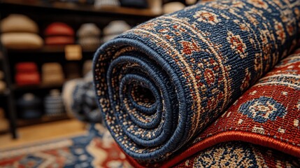 Rolled-up patterned rugs in a store