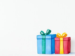 A charming illustration of two Christmas presents, one larger and one smaller, decorated with red and blue ribbons, accompanied by pine branches and red berries.