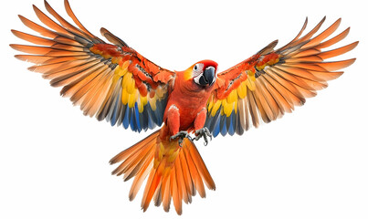 Fototapeta premium Vibrant Scarlet Macaw in Full Flight Display Against a Clear White Backdrop