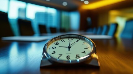 A clock sits on a wooden table in a conference room
