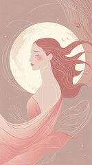 Graceful abstract portrait of a beautiful woman with moon and wave elements in pastel peach pink tones peaceful elegance Abstract Woman Illustration Flat Design