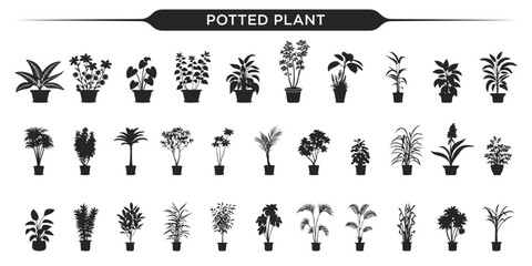 Vector illustration of potted plant silhouettes in different shapes and sizes