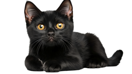 A black cat with yellow eyes is laying on a white background