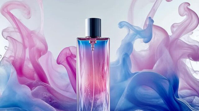 Colorful perfume bottle surrounded by vibrant swirling colors in a contemporary setting