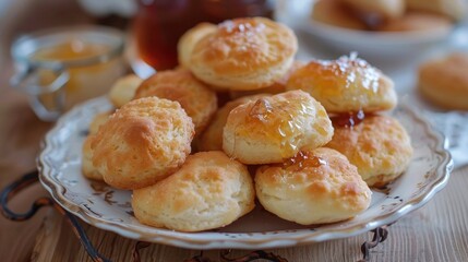 A plate of fluffy Easter biscuits served with honey butter and homemade jam