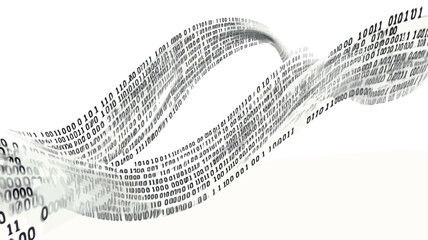 The image is a digital artwork depicting a grayscale abstract representation of flowing text.  The text is illegible and serves as a visual element rather than conveying specific words. The text is