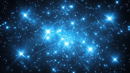 Bright blue stars twinkle in cosmic space filled with light and energy