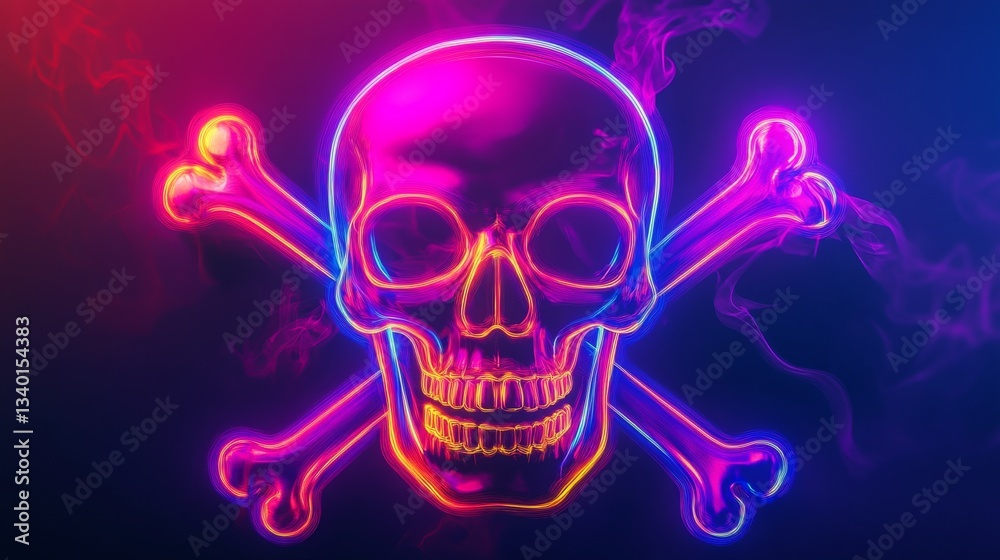Poster neon skull and crossbones with colorful glowing effect in dark background