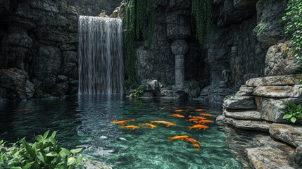 Lush waterfall cascading into a tranquil koi pond, carved rock formations