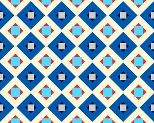 Fototapeta premium This vibrant seamless pattern showcases an arrangement of blue diamonds and squares accented with red and light colors, creating a lively design