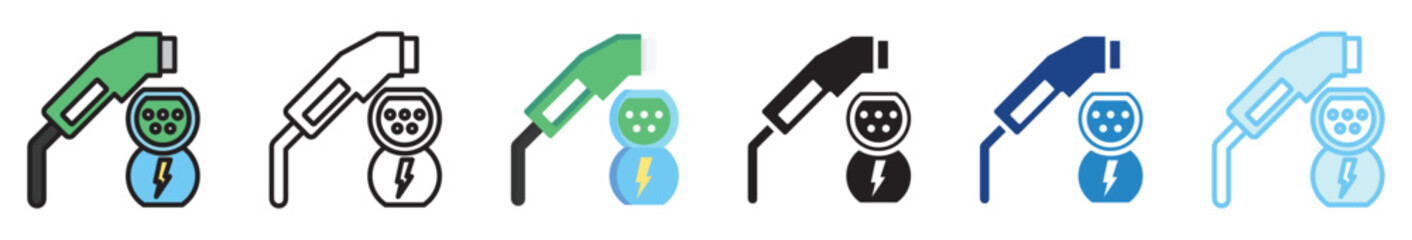 Charger multi style, mini illustration icon set. outline, flat, glyph, line color, UI, UX, app and web, digital or print. vector EPS 10 related to EV, electric car, transportation.