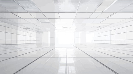 Fototapeta premium The image depicts a digitally rendered, long corridor or hallway with white walls, floor, and ceiling. The perspective is from a central point, leading the eye toward a bright light source at the
