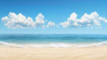 Obraz premium serene beach scene with soft waves and fluffy clouds under clear blue sky