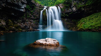 Fototapeta premium Rainbow waterfall landscapes gentle concept. A stunning waterfall cascading over rocks into a serene turquoise pool surrounded by lush greenery.