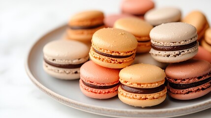 Colorful macarons in various pastel shades on a plate