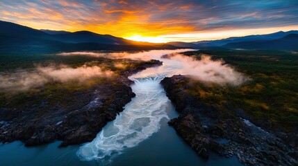 Naklejka premium River rapids landscapes twilight concept. A breathtaking view of a river at sunrise, surrounded by mist and mountains.