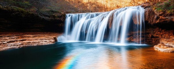 Obraz premium Rainbow waterfall landscapes gentle concept. A stunning waterfall cascades into a tranquil pool, surrounded by vibrant autumn foliage.