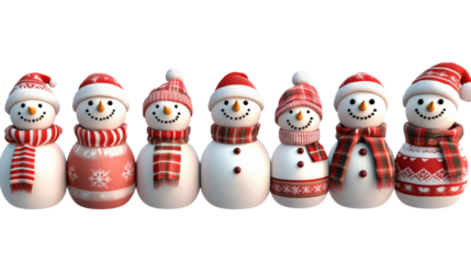 A row of snowmen holding hands with red scarves