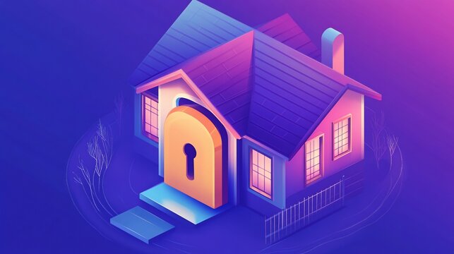Isometric Illustration of a Secure House with Padlock Protecting Home