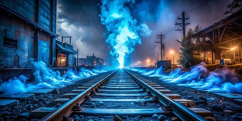 Obraz premium Glowing Blue Smoke Trails on Abandoned Train Tracks - Urban Exploration Photography