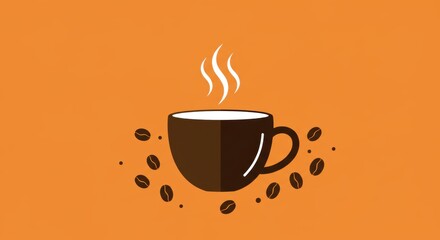 Obraz premium Minimalistic coffee cup design with steam and coffee beans on orange background