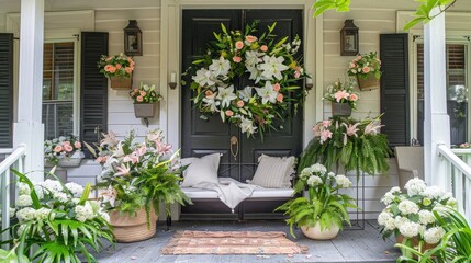 Fototapeta premium A porch decorated for Easter with a large floral lily wreath as the highlight