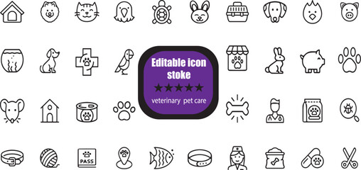  line icons related to pet, care, veterinary, vet, healthcare. Outline icon collection. Linear animals symbols. Editable stroke.