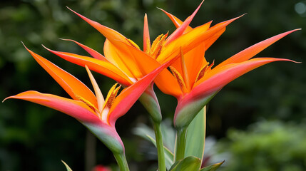 Obraz premium Vibrant orange and pink tropical flowers with lush green foliage