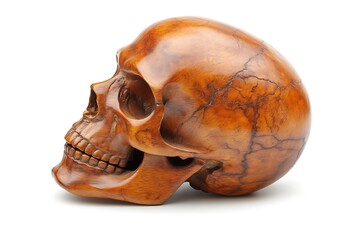 A wooden carved skull sculpture presented against a white background